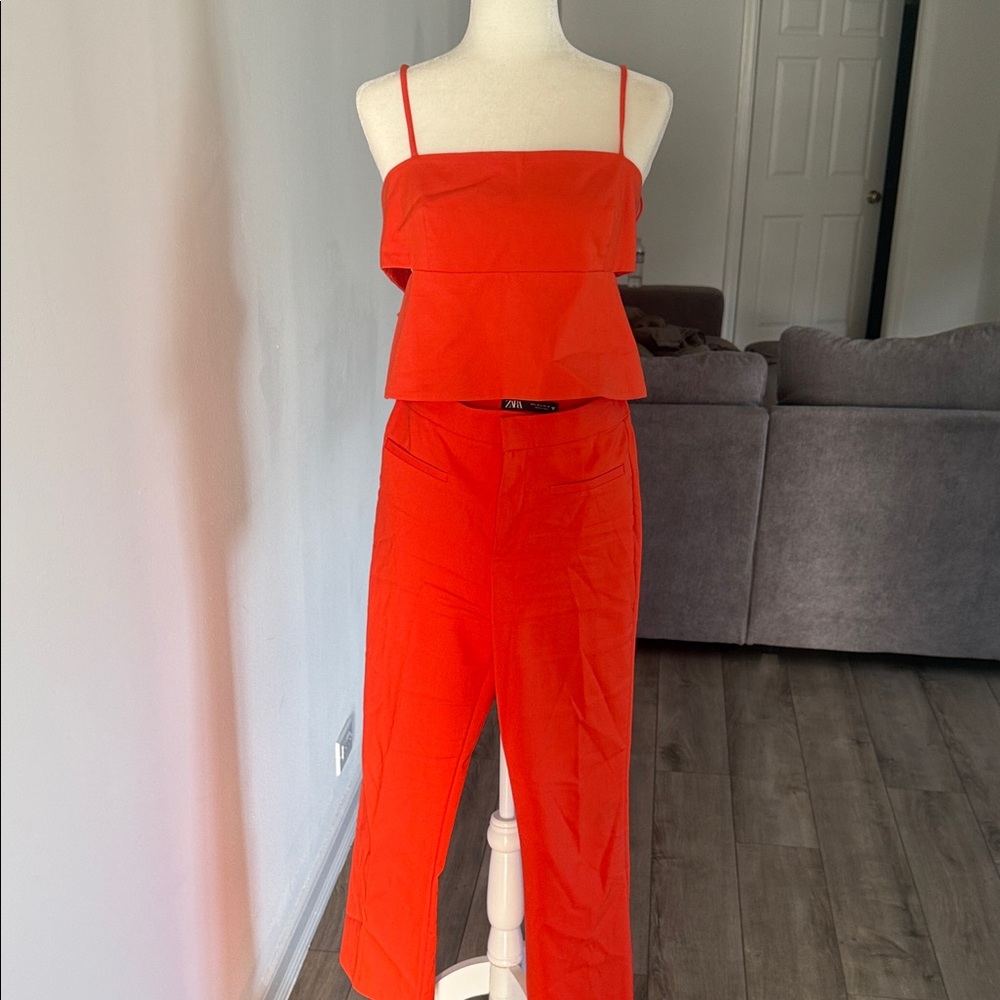Red Strapless Crop Top & Wide-Leg Pants Set